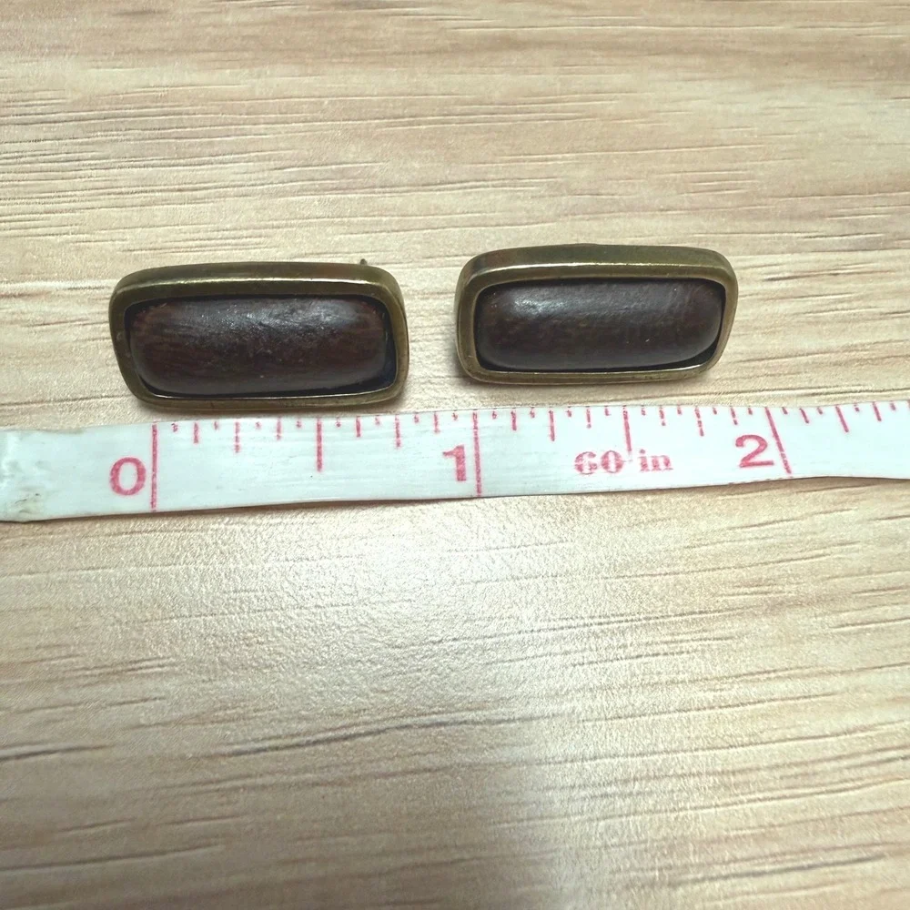 Jay Strongwater Vintage Rectangular Wood Inlay Stud Earrings Antique Brass Tone